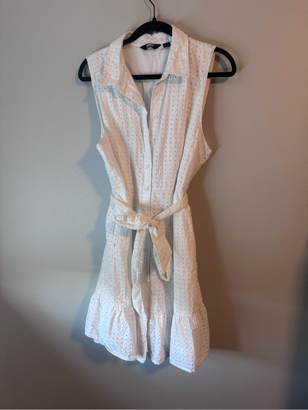 Sleeveless White Eyelet Shirt Dress with Tie Waist